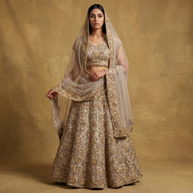 Lavender and gold embroidered lehenga with dupatta, zari and moti work