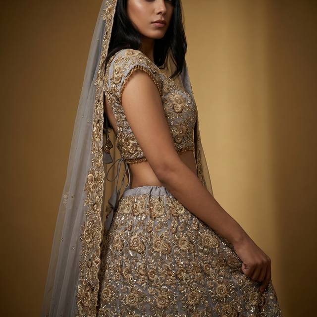 Lavender and gold embroidered lehenga with sheer dupatta, side profile