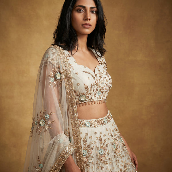 Off-white embroidered net lehenga with 3D floral resham and golden zari trim, dupatta