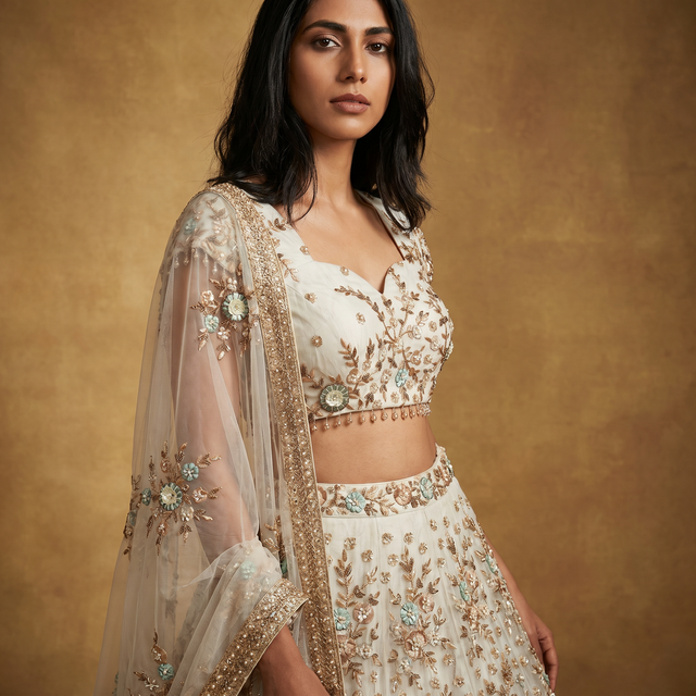 Off-white net lehenga with 3D floral resham and golden zari trim, sheer dupatta