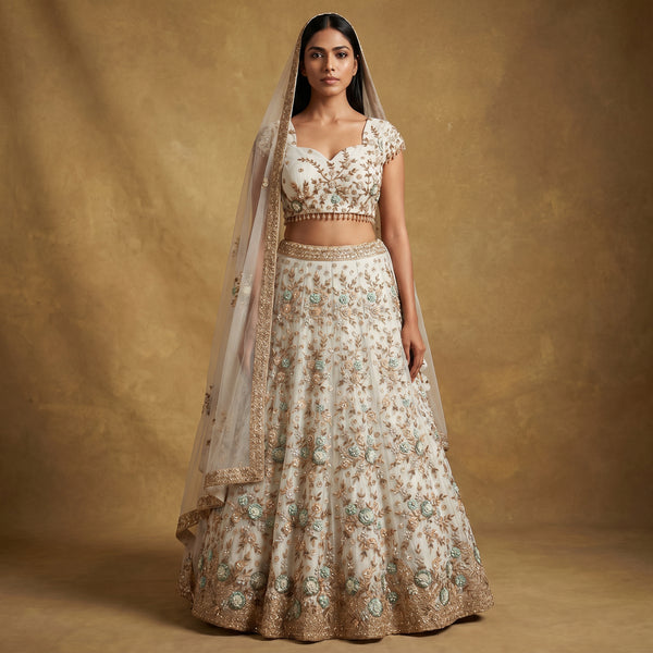 Off-white net lehenga with 3D floral resham and golden zari trim, matching dupatta