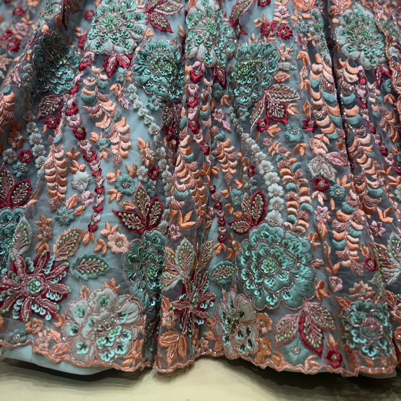 Phulkari Collection: Pastel Sage Multicolor 3D Floral Handwork Lehenga with Designer Dupatta