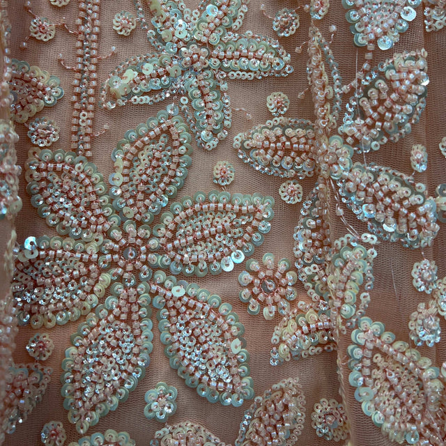 Pastel peach sequin and bead floral embroidery with pearl accents