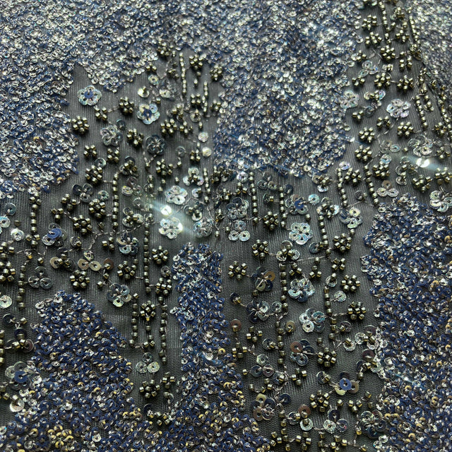 Embellished sequin and bead fabric in dark grey with blue highlights
