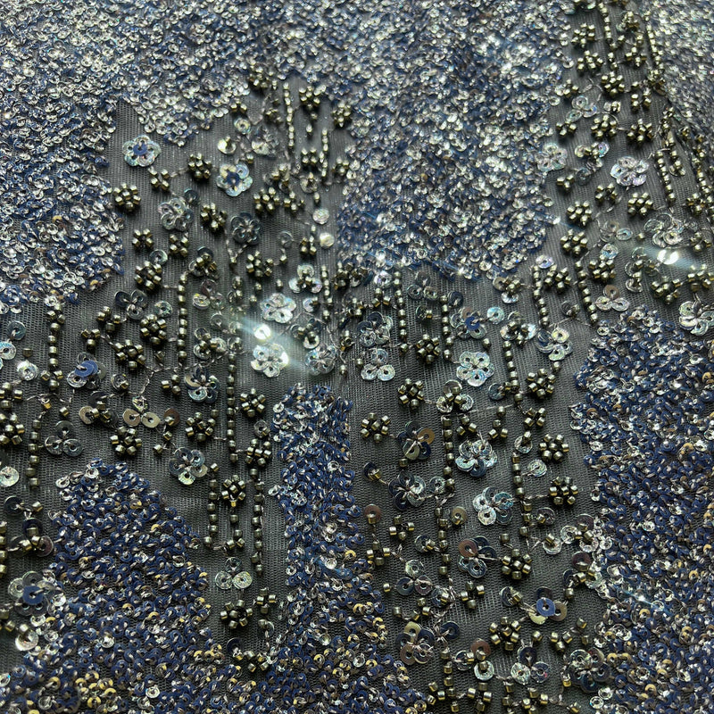 Dark grey sequin and bead fabric with metallic floral motifs