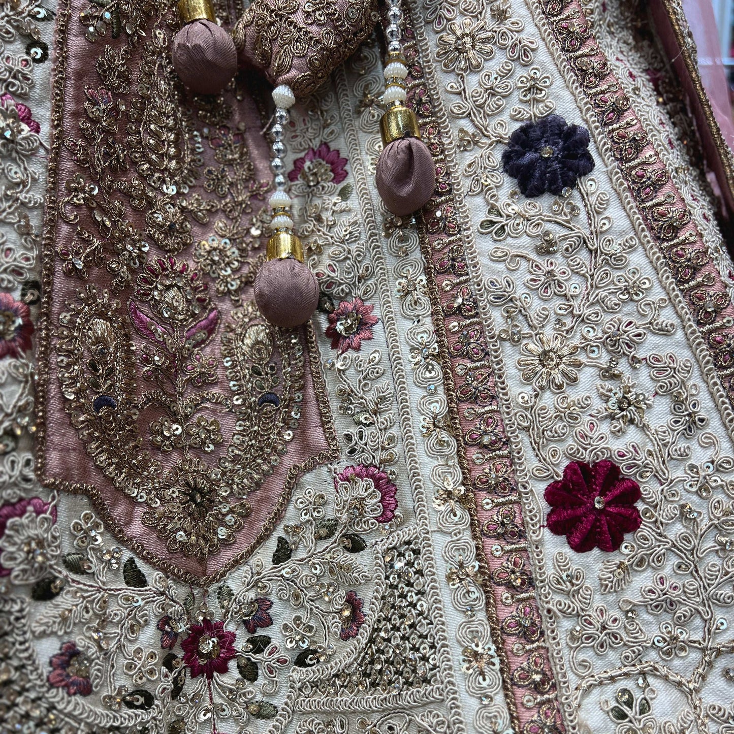 Rosé - Double Dupatta Raw Silk Off White Baby Pink Bridal Lehenga