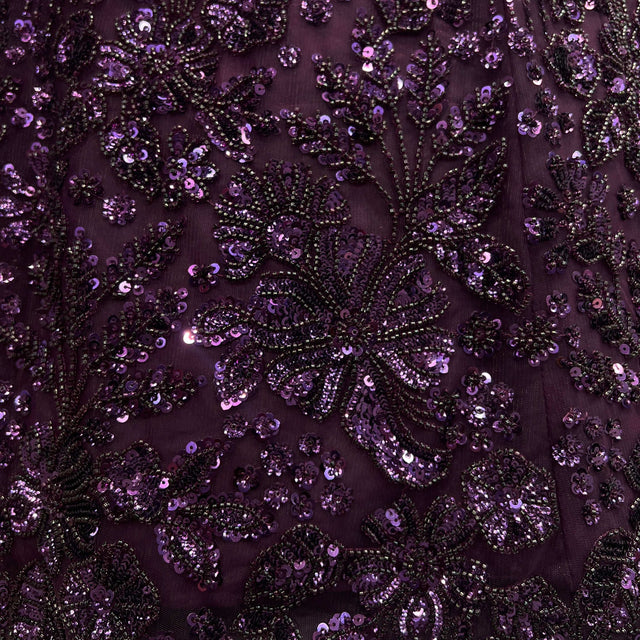 Wine purple sequin and beadwork embroidery on lehenga fabric