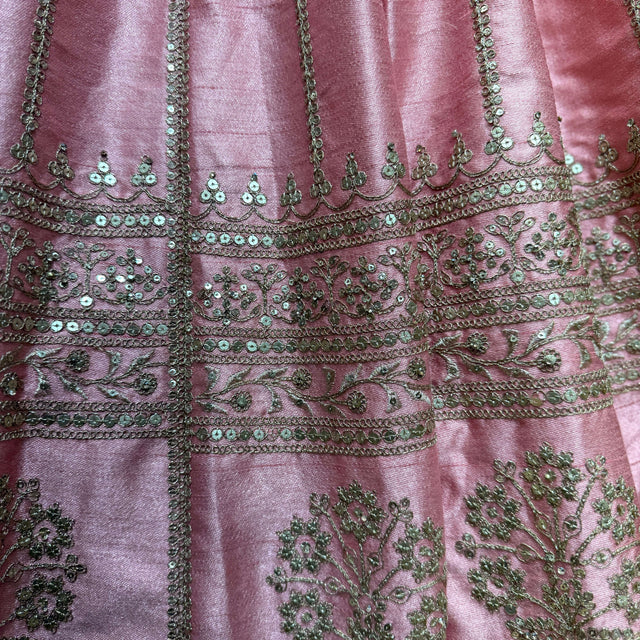 Pink lehenga border with dense silver beaded and floral sequin embroidery