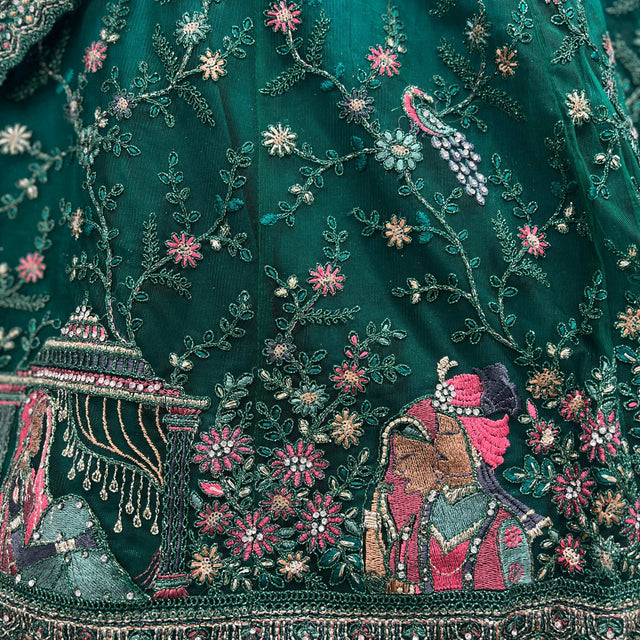 Embroidered green lehenga skirt with floral and motif threadwork trim