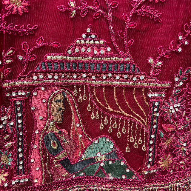 Embellished magenta lehenga fabric panel with beadwork and sequined motif