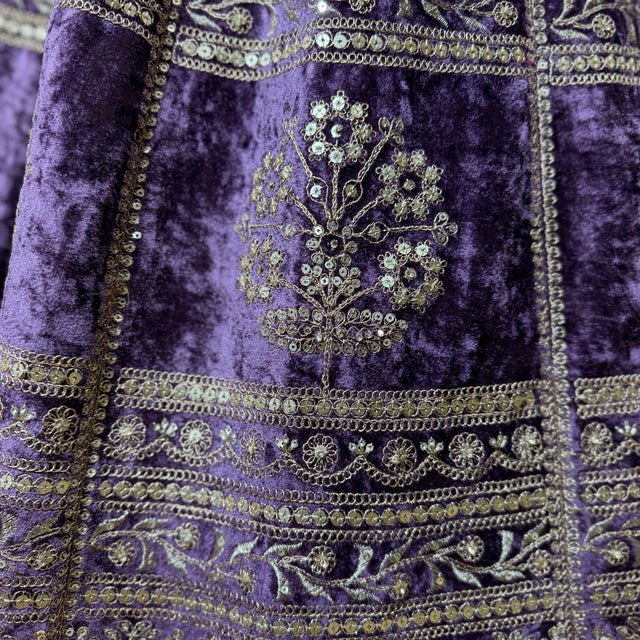 Embroidered velvet panel with purple base and gold sequined floral motifs