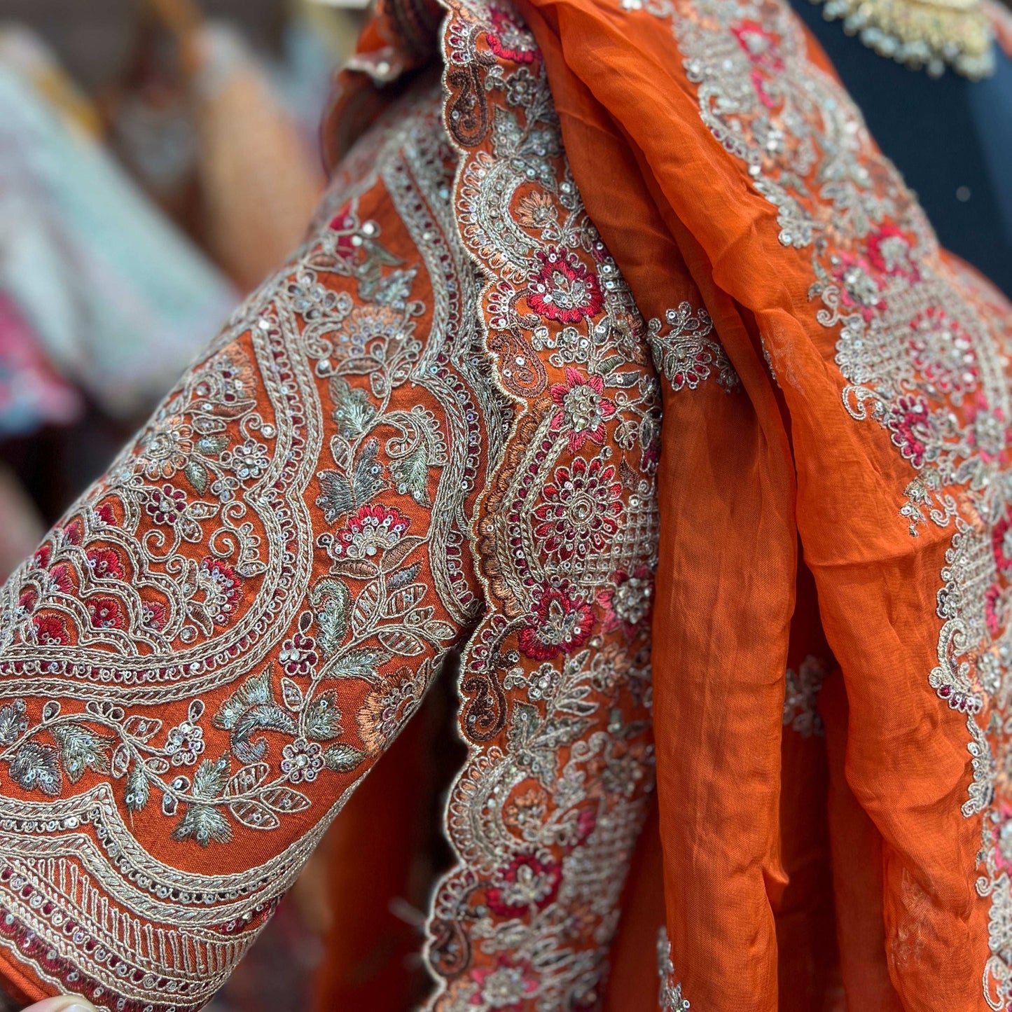 Kundan : Ready-To-Wear Raw Silk Rust Orange Bridal Lehenga