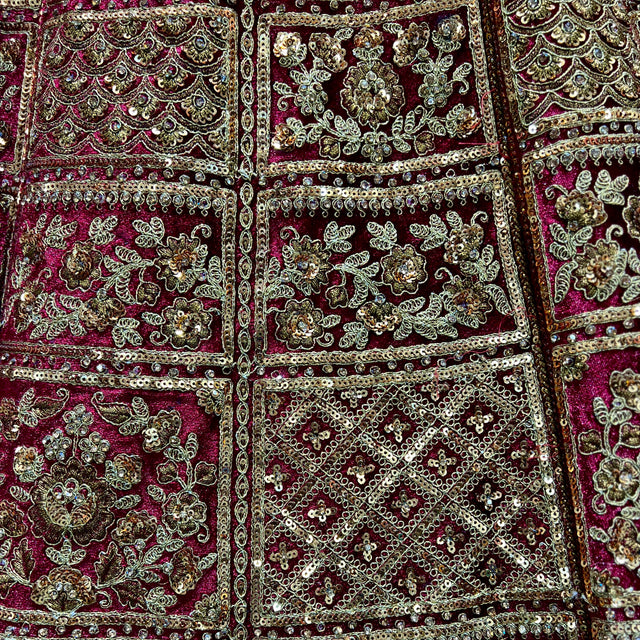 Maroon embroidered lehenga panels with mirrorwork and beadwork trims
