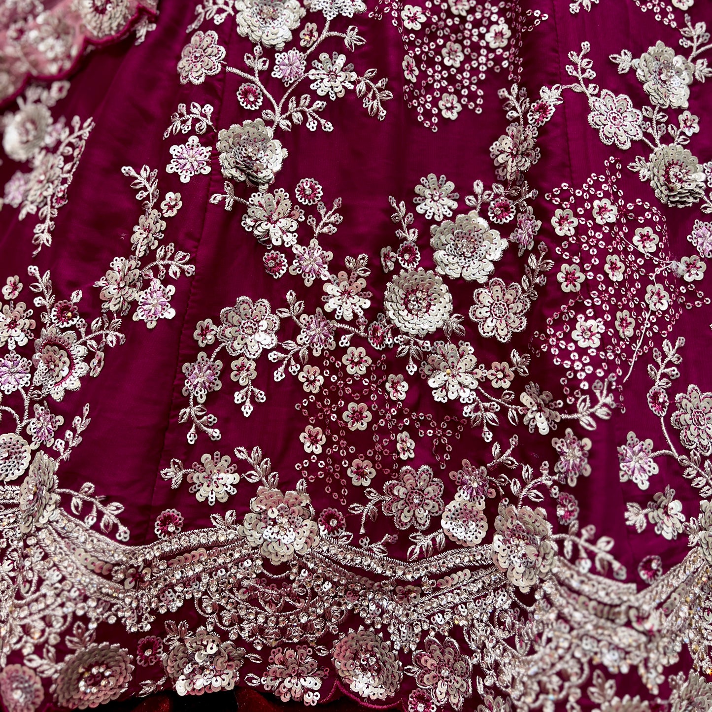 Aisha - Silver Work Chinon Flowy Sider Partywear Lehenga JMS Studio {{ Royal Red Bridal Lehenga}}