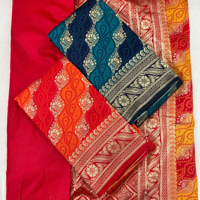 Silk saree with bandhej pattern, navy-teal and red geometric border, gold trim