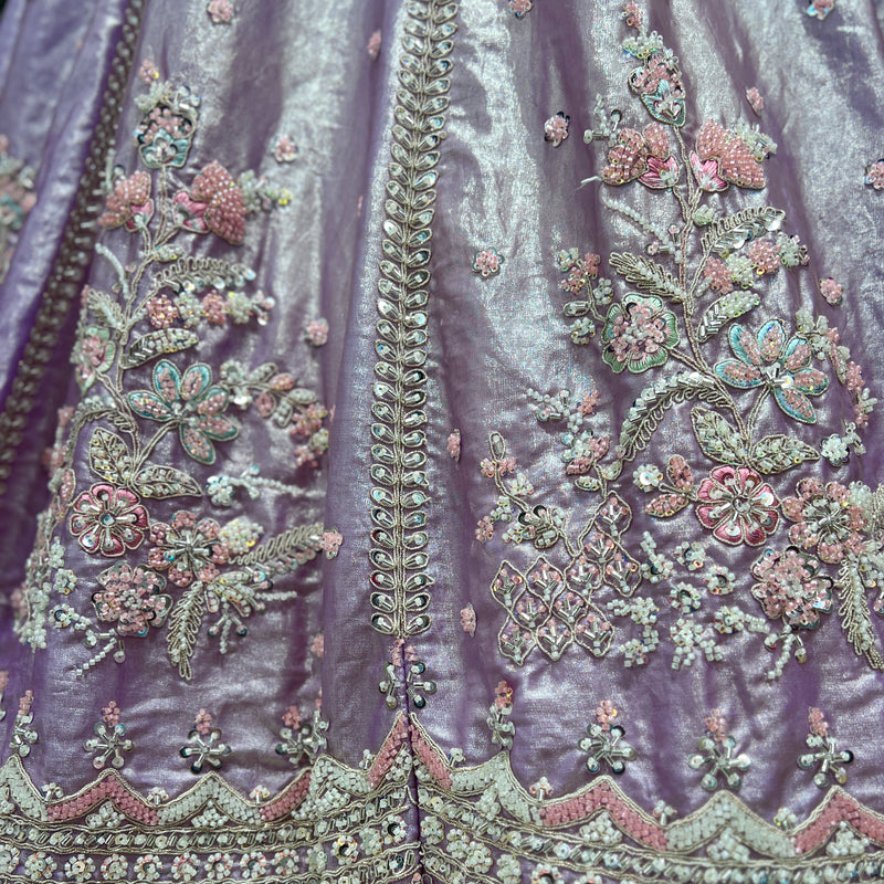 Cherry Blossom -  Modern Minimal Boota Pattern Pastel Handwork Lehenga Lavender - JMS Studio