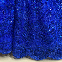Close-up of blue beaded sequin embroidery on lehenga skirt