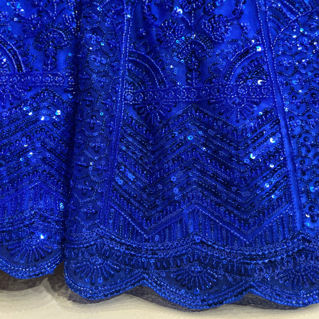 Blue bead and sequin embellished pattern on lehenga fabric