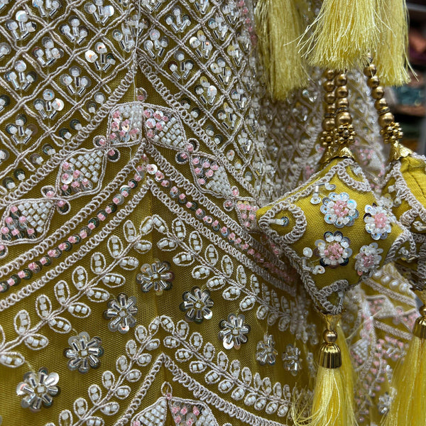 Jazzagals - Beads & Pearls Handwork Lime Yellow Designer Lehenga