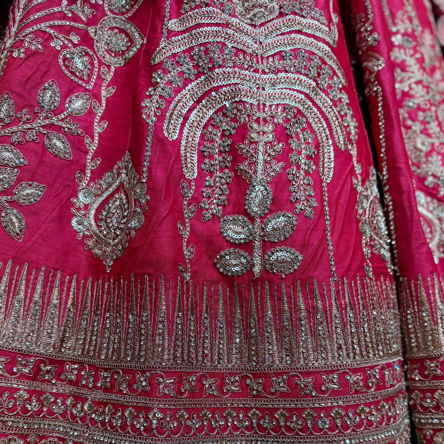 Dulhan in Rani Pink Bridal Lehenga : Double Dupatta Raw Silk Flared Lehenga