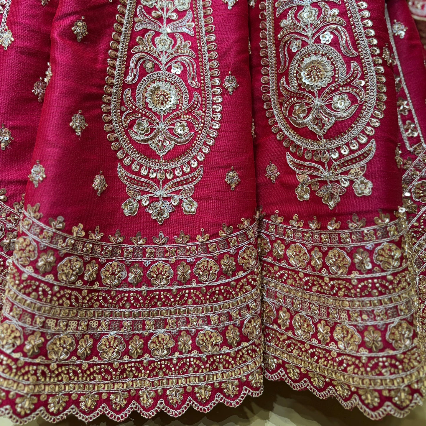 Dulhan in Rani Pink Bridal Lehenga : Double Dupatta Raw Silk Flared Lehenga