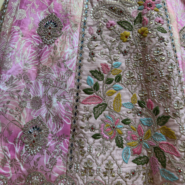 Embroidered pink and multicolor blouse fabric with beaded floral detailing