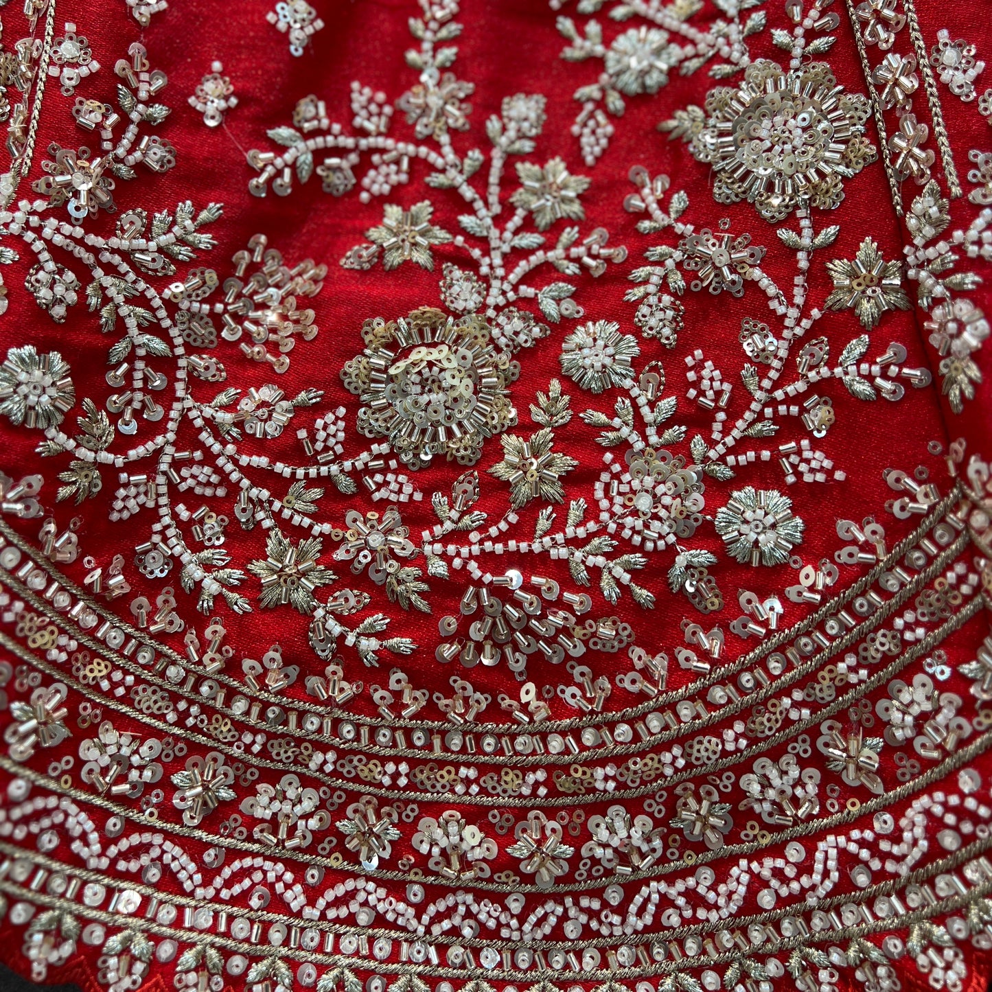 Sangria : Cutdana Pearls Handwork Royal Red Bridal Lehenga