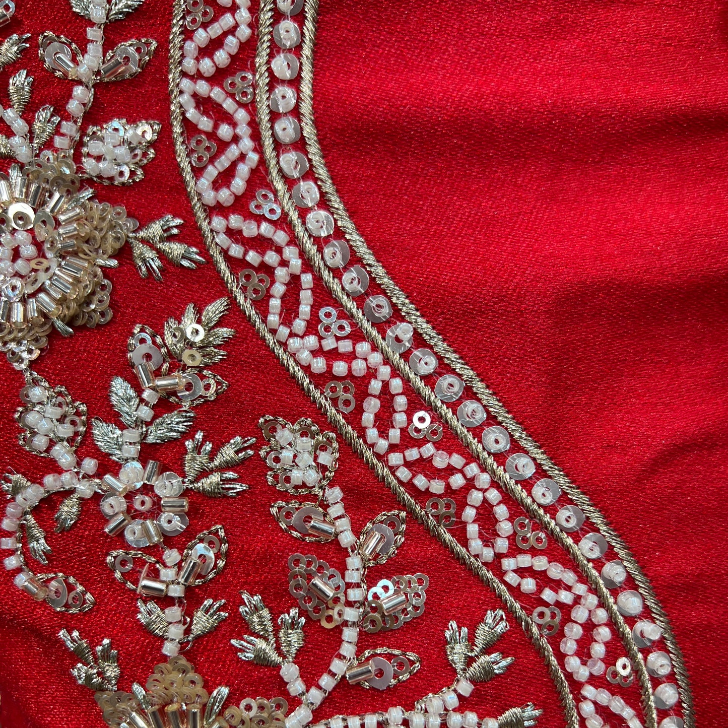 Sangria : Cutdana Pearls Handwork Royal Red Bridal Lehenga
