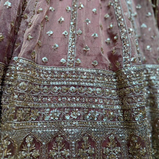 Embroidered mauve lehenga skirt with silver and teal beaded border detail