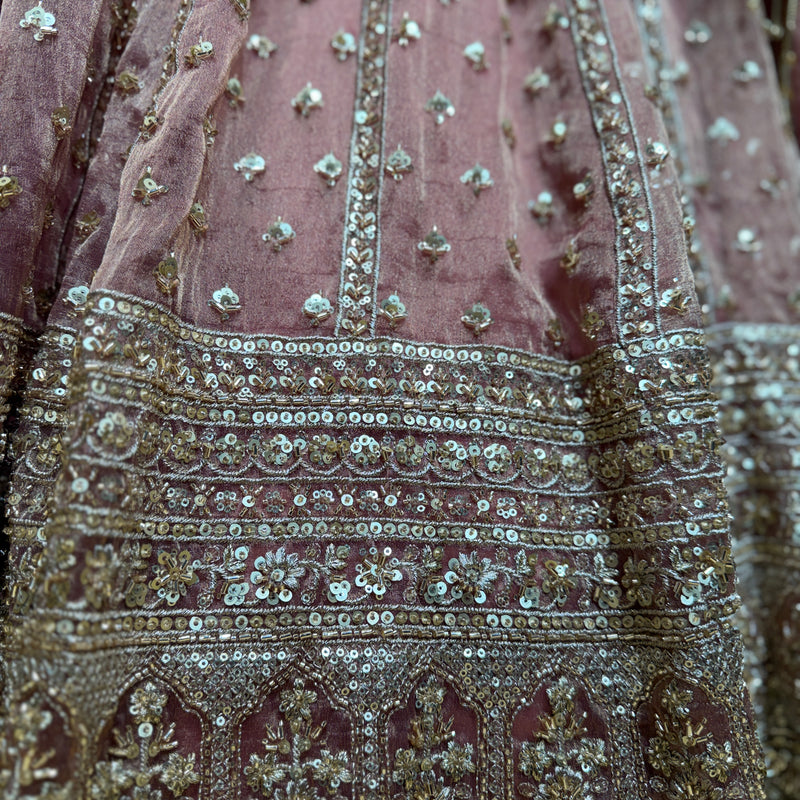 Embroidered mauve lehenga skirt with silver and teal beaded border detail