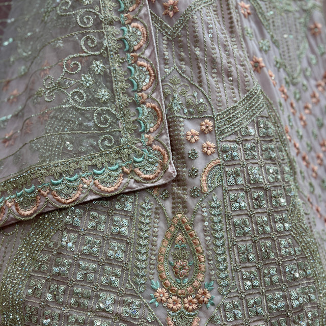 Embroidered lehenga panel with beadwork, sequins, and floral motifs in mint and silver