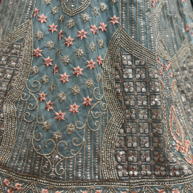 Sky blue lehenga panel with mirror-work detailing and pink star floral embroidery