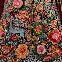 Pagfera - Multi Color Double Dupatta Velvet Maroon Lehenga JMS Studio {{ Royal Red Bridal Lehenga}}