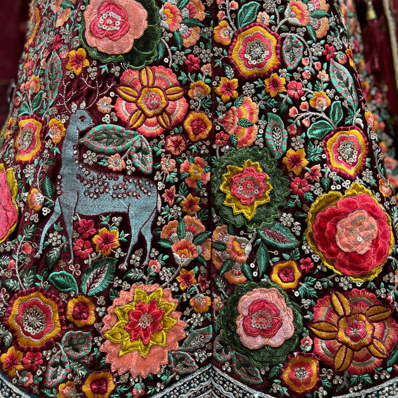 Pagfera - Multi Color Double Dupatta Velvet Maroon Lehenga JMS Studio {{ Royal Red Bridal Lehenga}}