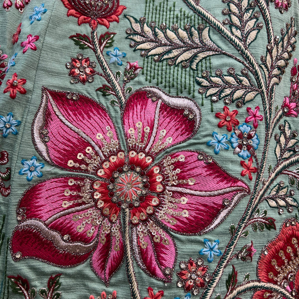 Rosé - Resham Embroidery Raw Silk Off Teal Color Designer Lehenga