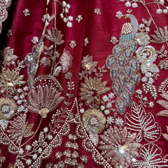 Royal Baggi: Maroon Raw Silk Bead Work Peacock Motif Bridal Lehenga