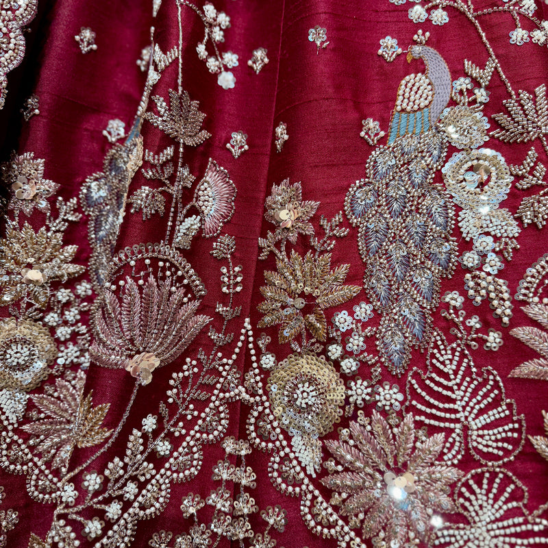 Royal Baggi: Maroon Raw Silk Bead Work Peacock Motif Bridal Lehenga