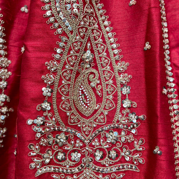 Sangria : Cutdana Pearls Handwork Royal Red Bridal Lehenga