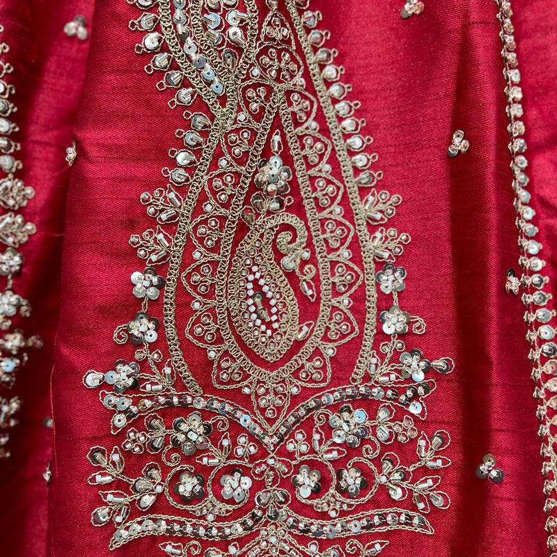 Sangria : Cutdana Pearls Handwork Royal Red Bridal Lehenga