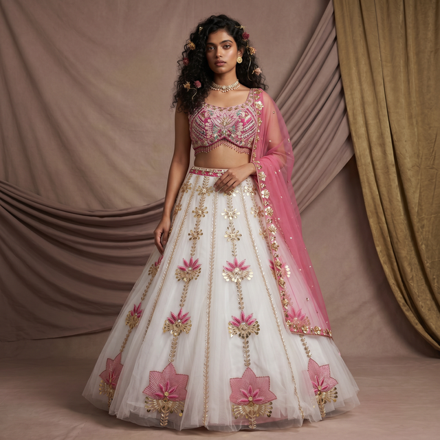 Ivory and pink floral embroidered lehenga with tulle skirt and sheer pink dupatta
