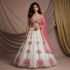Ivory and pink lotus floral lehenga with embroidered bodice and tulle skirt