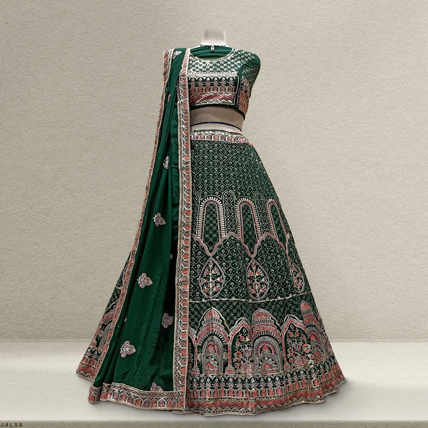 Aisha - Bottle Green Georgette Fabric Embroidered Sider Lehenga
