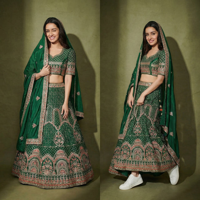 Embroidered bottle-green lehenga set with matching dupatta and green blouse