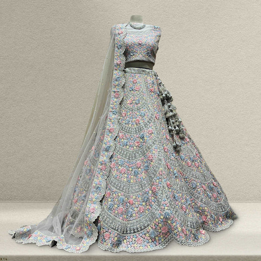 Jazzagals - Soft Grey Thread & Crystal Work Reception Lehenga