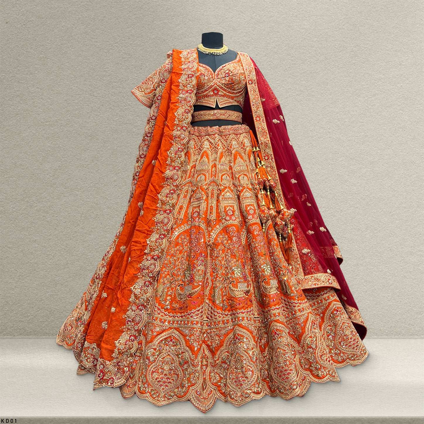 Kundan : Ready-To-Wear Raw Silk Rust Orange Bridal Lehenga