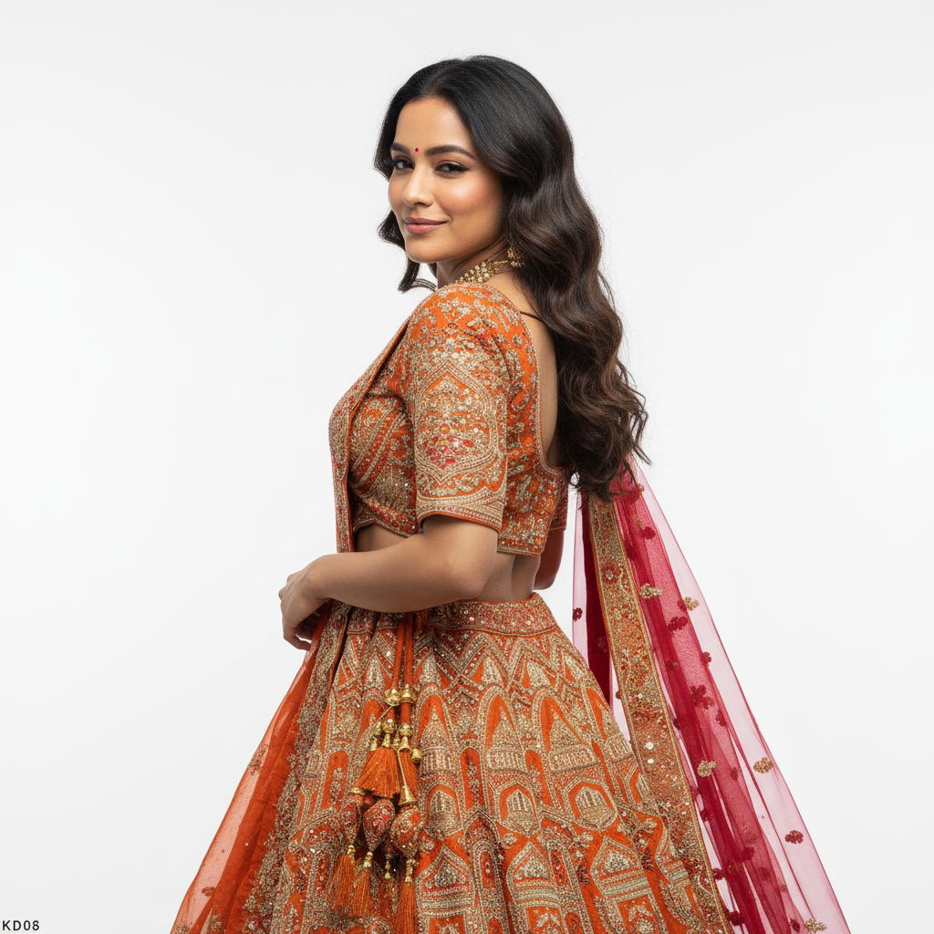 Kundan : Ready-To-Wear Raw Silk Rust Orange Bridal Lehenga