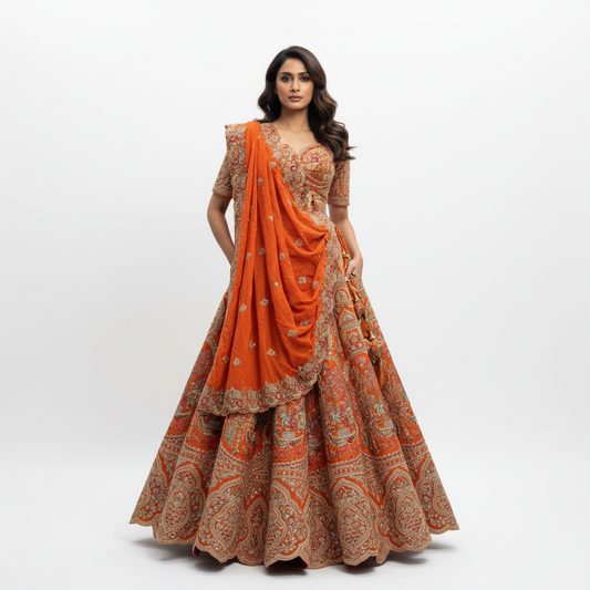 Kundan : Ready-To-Wear Raw Silk Rust Orange Bridal Lehenga