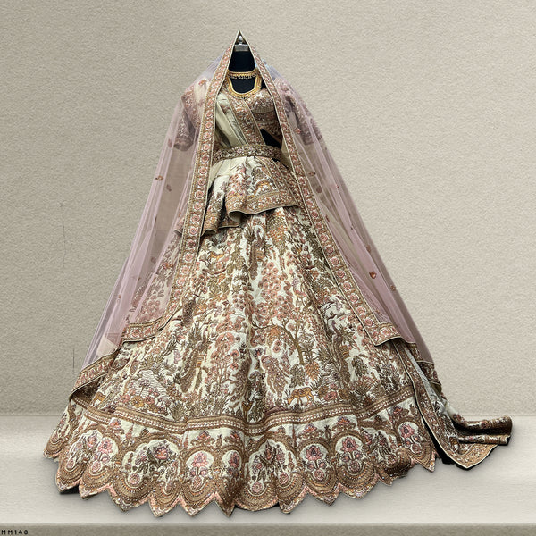 Rosé - Wedding Trousseau Double Dupatta Raw Silk Ivory Bridal Lehenga