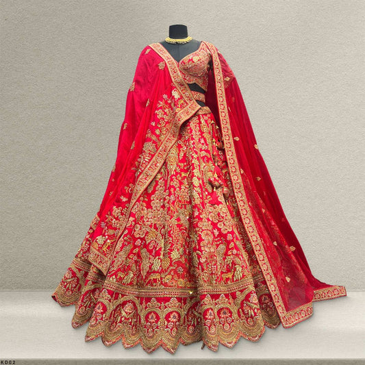 Kundan : Ready-To-Wear Raw Silk Cheery Pink Bridal Lehenga