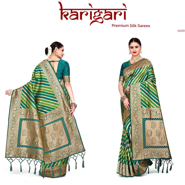 Teal and green silk saree with gold zari border and striped pattern, draped